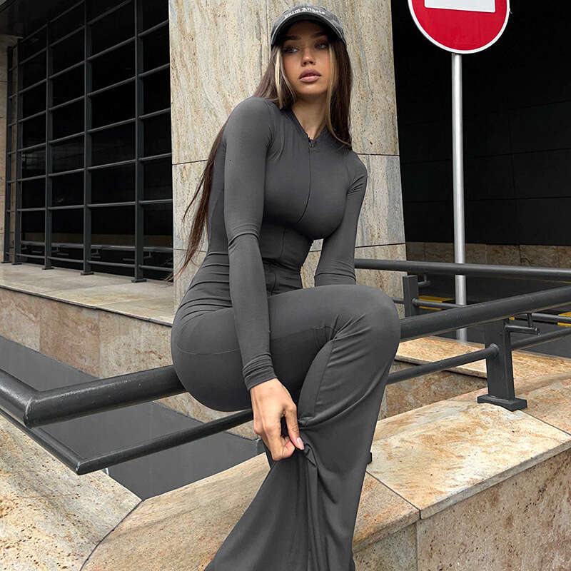 M23jp494 Women's Autumn New Solid Color Round Neck Zipper Slim Fit Flared Long Jumpsuit Casual Pants B5