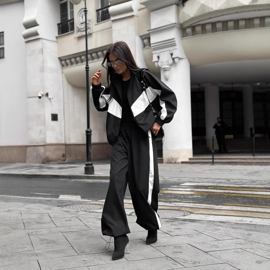 Womens Casual Set Fashion Loose Color Block Long Sleeve Zipper Cardigan Contrast Top Long Pants Sports Set