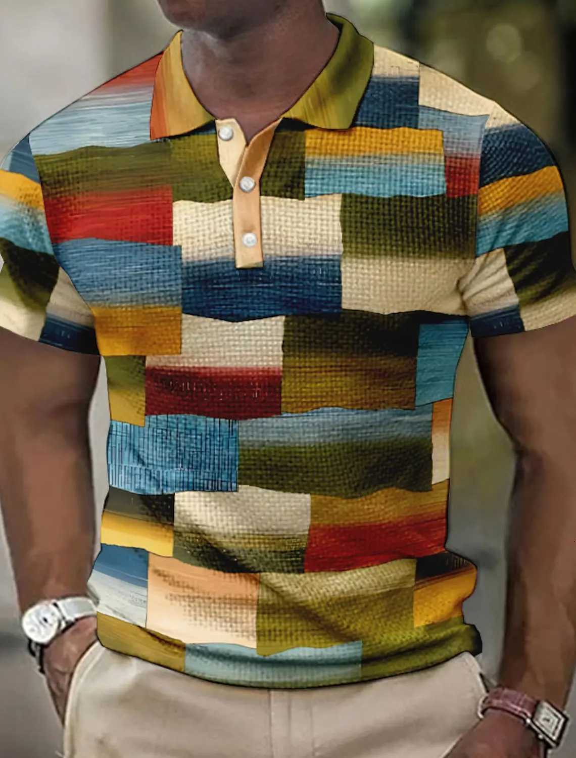 Men Polo Shirt with Lapels Polo Buttons Striped Plaid Pattern 3D Printed Geometric Cuffs Outdoor Street Short-Sleeved Clothing XJ250725
