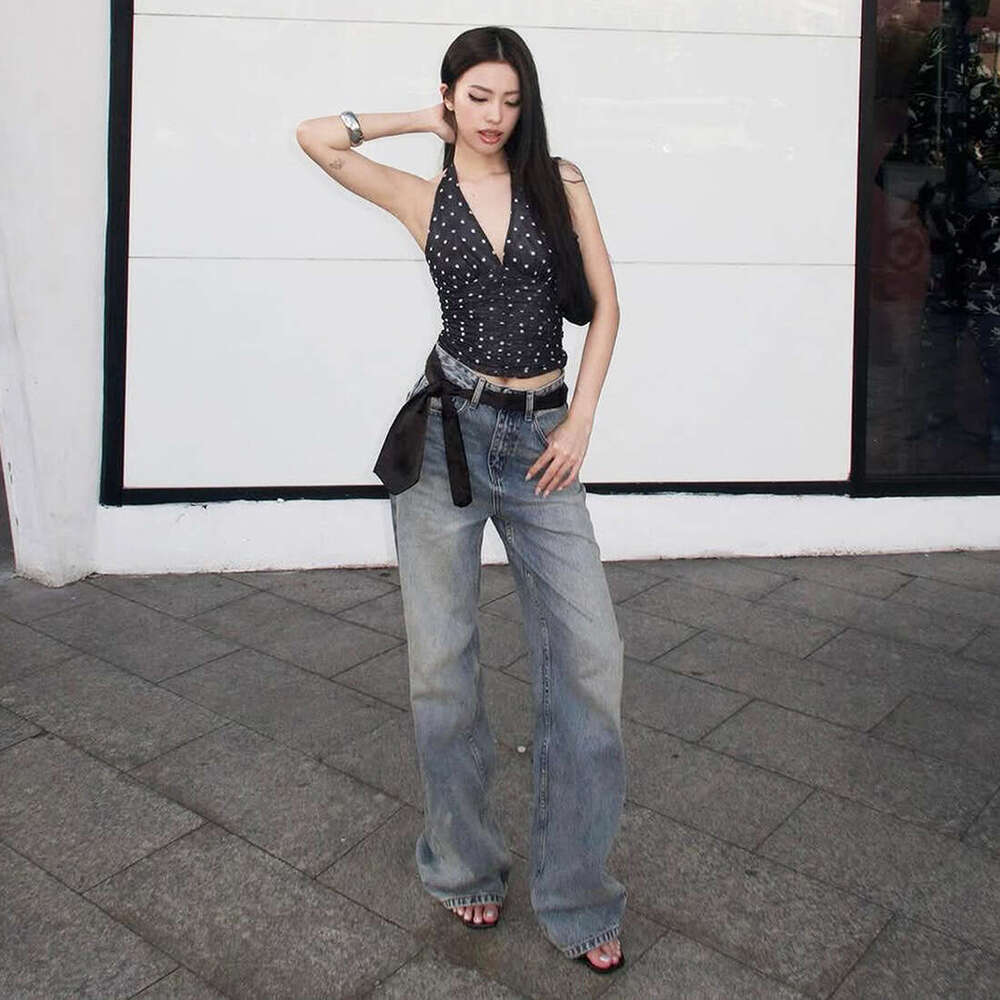 2025 Summer New Black Polka Dot Versatile Backless V-Neck Halter Tie Elegant Women's Top e15