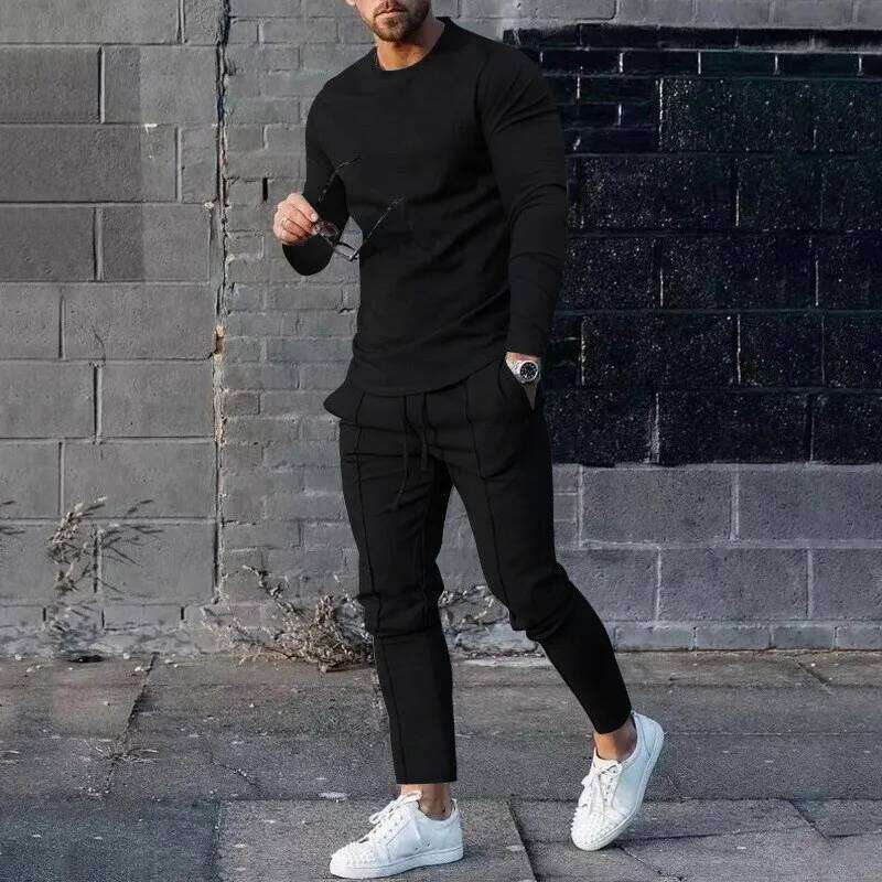 Solid color Men's Suit Sleeve T-shirt Long Pants 2 Pieces Set Tracksuit Casual Male Streetwear Oversize Clothing Sweatshirt