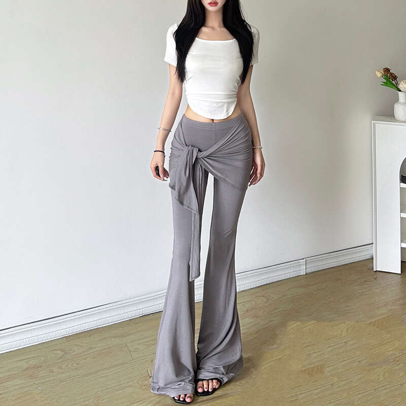 2024 Autumn New Street Fashion Solid Color High Waist Tie Flared Casual Pants for Women 4fe