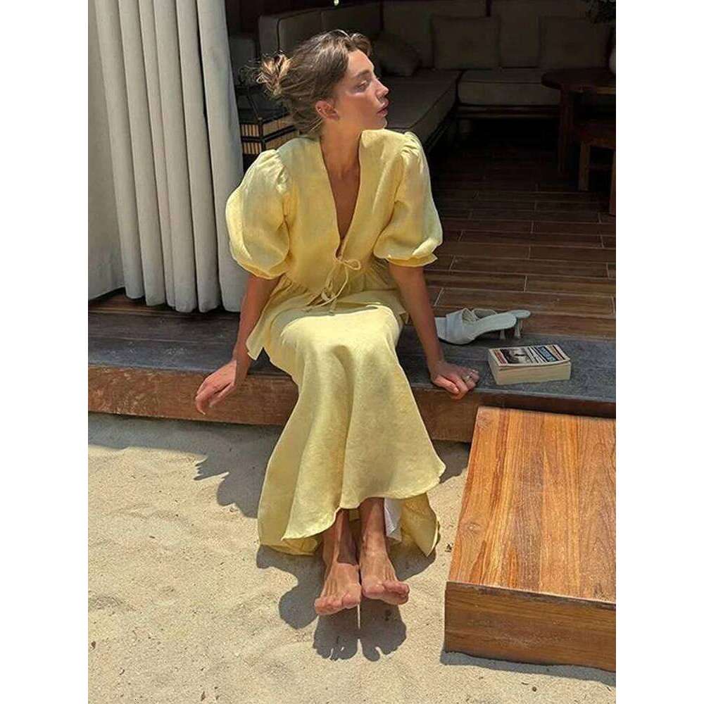 Designer Clothing 2025 Lace Up Short Sleeved Women Two Pieces Set V-Neck Summer Women's Bubble Sleeve Shirt Long Skirt Loose Casual Outfit