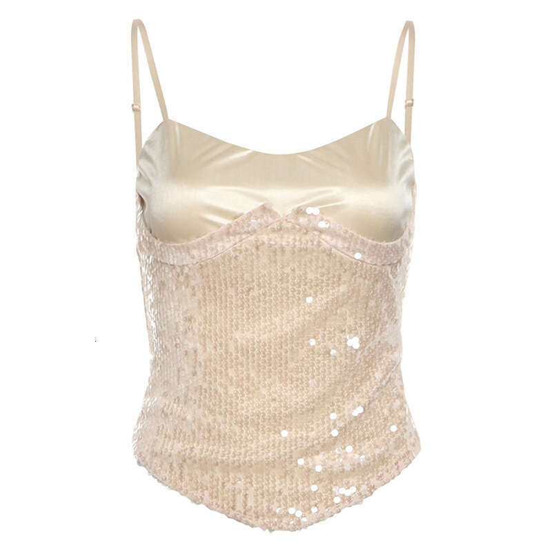 2025 Spring New Women's Solid Color Slim Street Fashion Spaghetti Strap Sequin Backless Vest 077
