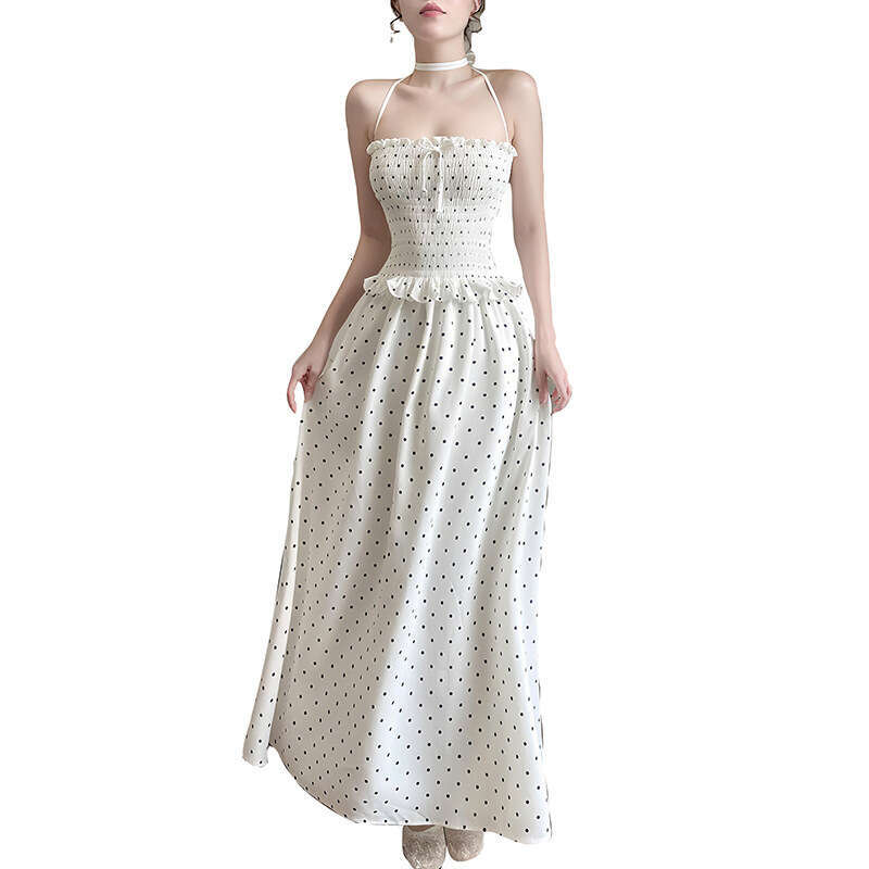 2025 Summer New French Style Polka Dot Print Halter Neck Sleeveless Pure Desire High-end Elegant Dress 21d