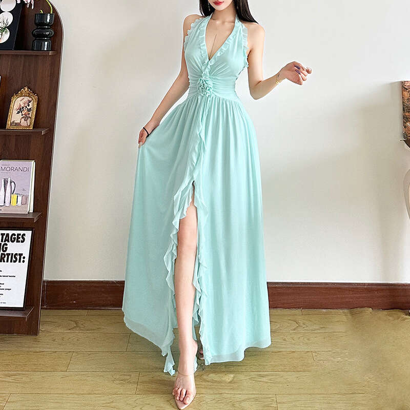 2025 Summer New Style Elegant Halter Neck Waist-Cinching Backless Fashion V-Neck Slit Dress for Women 202