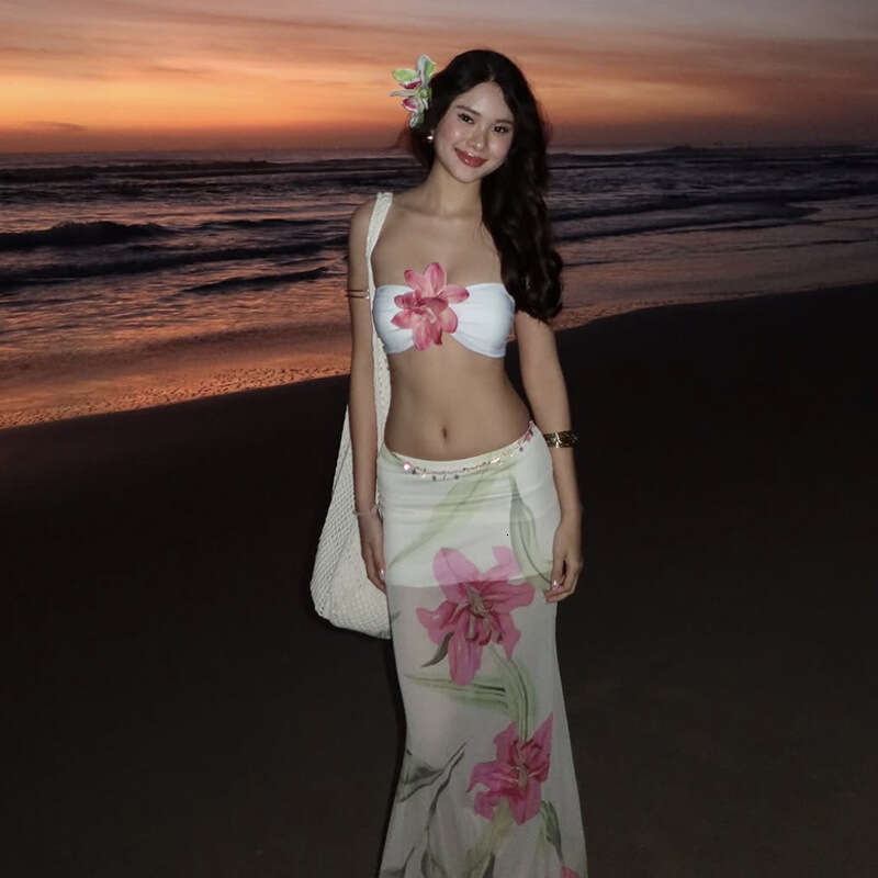 2025 Spring/Summer New Sexy Strapless High-Waist Bodycon Printed Skirt Set fad