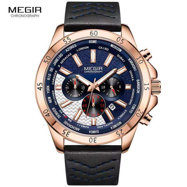 MEGIR Men's Oversized Chronograph Watch - 48mm Genuine Leather, Waterproof, Luminous - Bulk Wholesale Watch