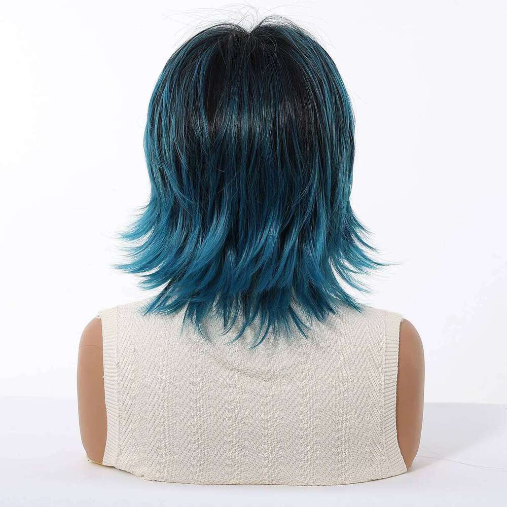 Allbell Magique Short Layered Synthetic Wigs Black To Blue Fake For Women Party Cosplay Use Natural Heat Resistant Hair