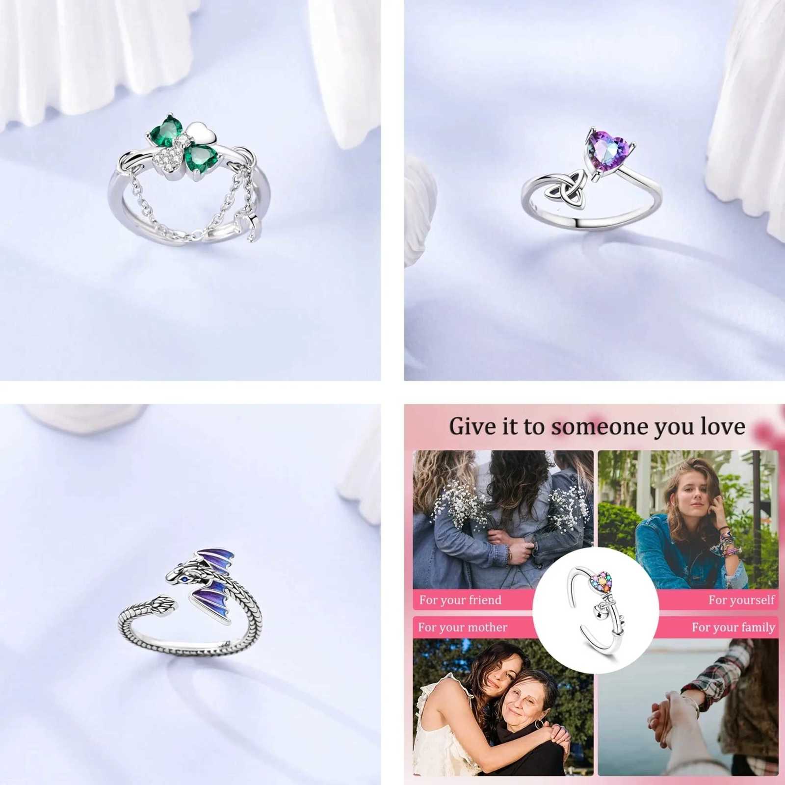 Womens Clover Ring Original 925 Silver Zircon Adjustable Skull Butterfly Flower Finger Open Ring Birthday Jewelry Gift W250417