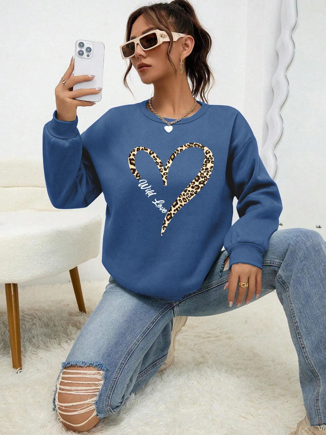 Leopard Wild Heart Pattern Print Female Sweatshirt Street FurLiner Pullovers Hipster Clothing AllMatch Crewneck Tracksuit 250725