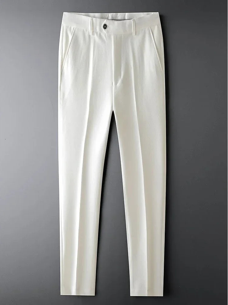 Slim Fit 9 Cropped Male Suit Trousers White Mens Summer Pants Tressed High Quality Up Stylish Formal 2024 Slacks 250725