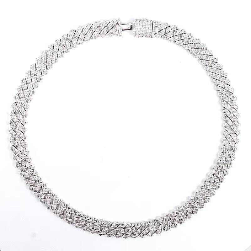 Factory Wholesale 925 Silver Gold Plated 15mm Moissanite with 3-Row Silver Inlaid Hip-Hop Style 7-24 Inches Cuban Chain Necklace