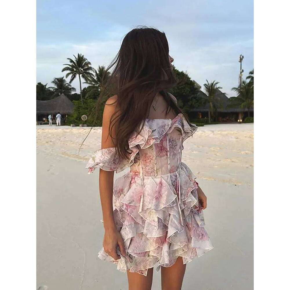 Designer Clothing 2025 Fashion Flower Printed Ruffles Mini Dress For Women Chic Chiffon Bodycon High Waist Vestidos 2025 Lady Vacation Street Gowns Ne