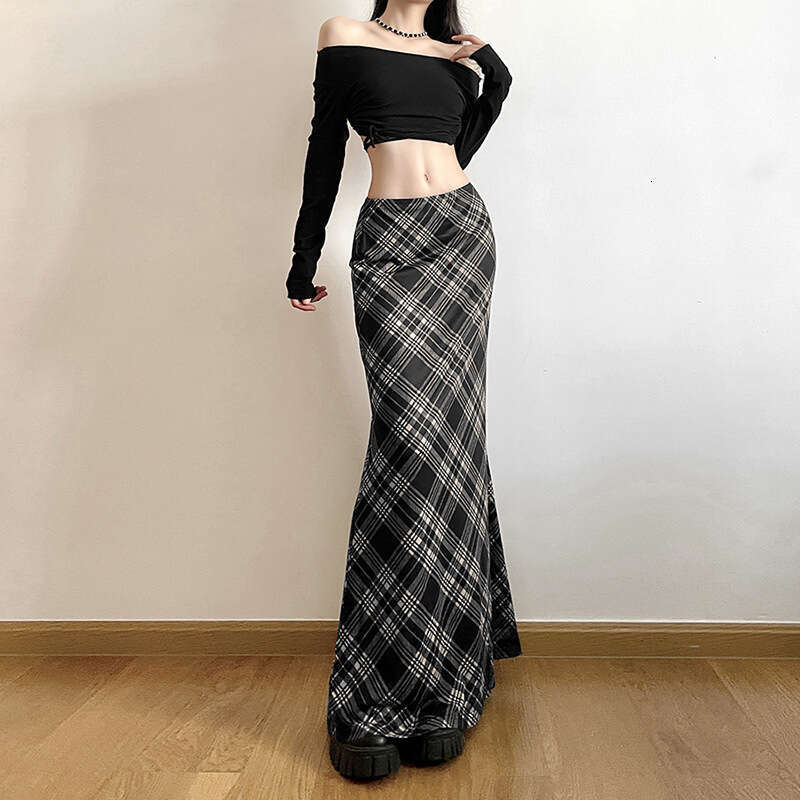 2023 Autumn New Women's Solid Color Slim Fit Fashion High Waist Plaid Fishtail Midi Skirt for Women 90f