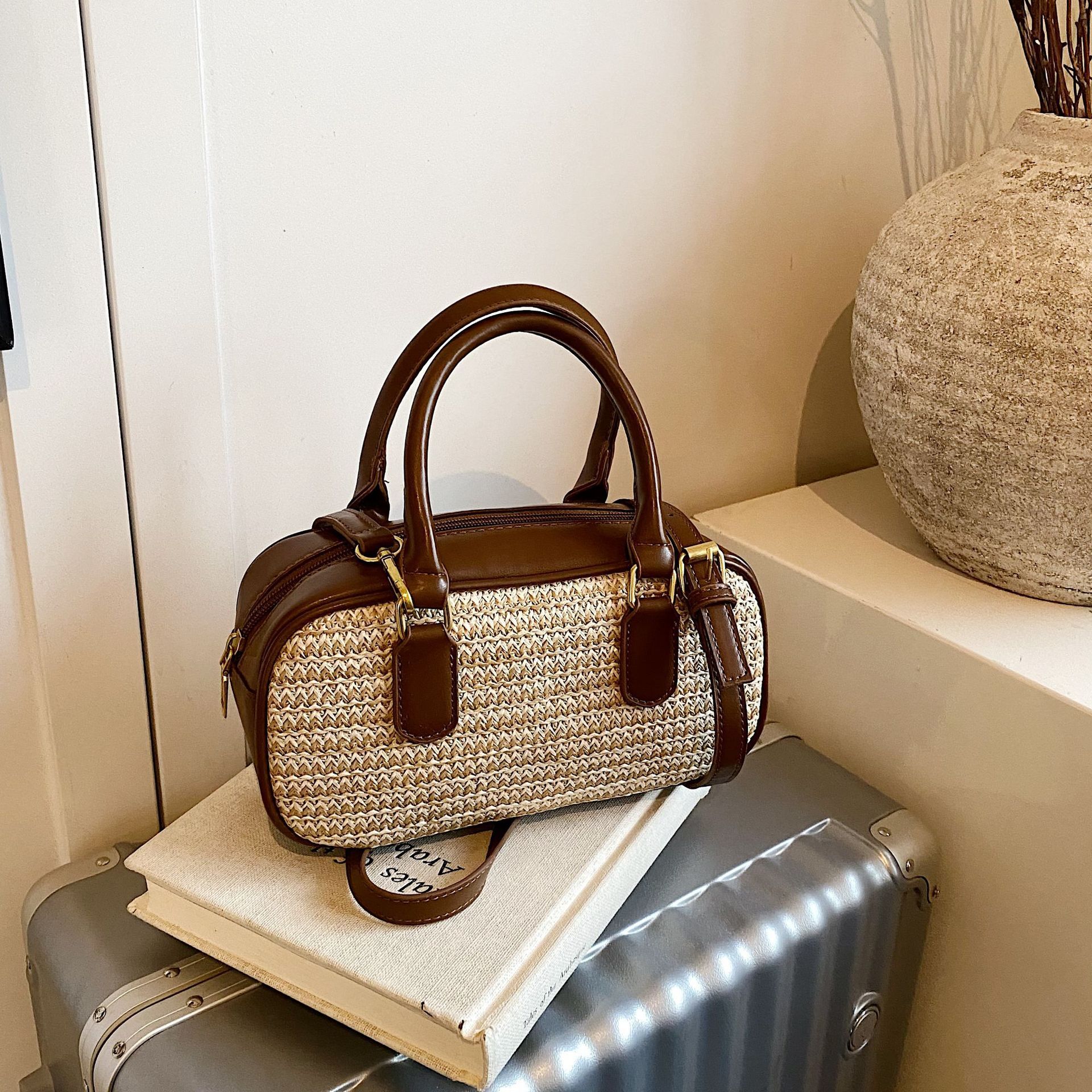 Luxury Brand Designer Bag Woven MIU Small Square Bag Boston Straw Pillow Bag Color-Block Handbag Ins Single Shoulder Crossbody Women's Bag