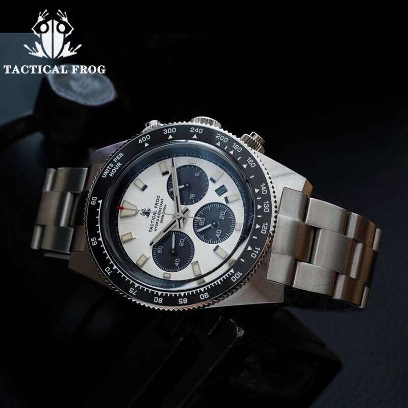 Tactical Frog 41mm Men's Chronograph Watch VS75 Solar Movement Waterproof Sapphire Green C3 Luminous Quartz Wristwatch