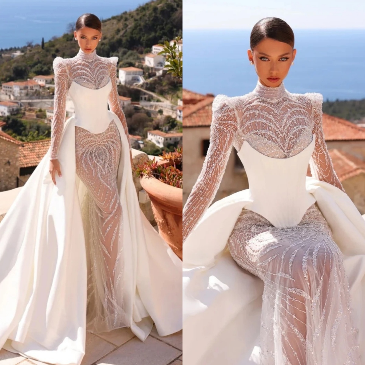 Stylish Wedding Dresses Sequins High Neck Bridal Gowns with Overskirt Long Sleeves Illusion Princess Mermaid Customized Vestidos De Novia Plus Size