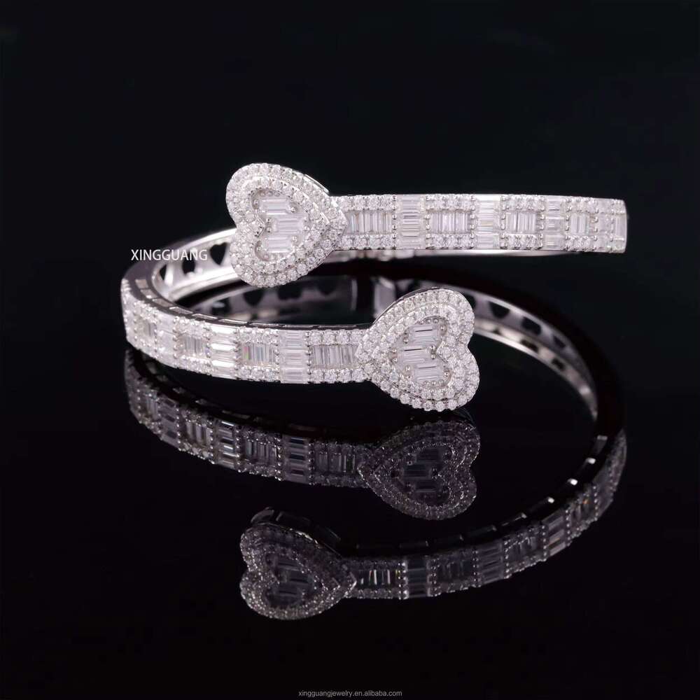 New Custom Heart Baguette VVS Moissanite Dias S Sterling Sier Open Bangle Unisex Bracelet Jewelry