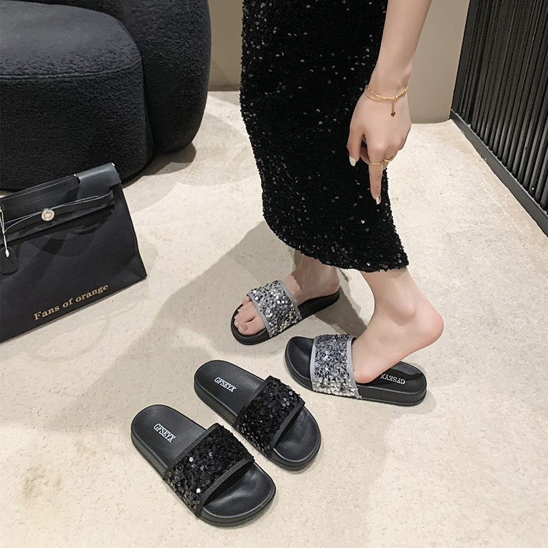 Ddmysports New Women S Summer Fashion Sequin Thick Soled Height Increasing Beach Non Slip Platform Slide Sandals Outdoor Shoes