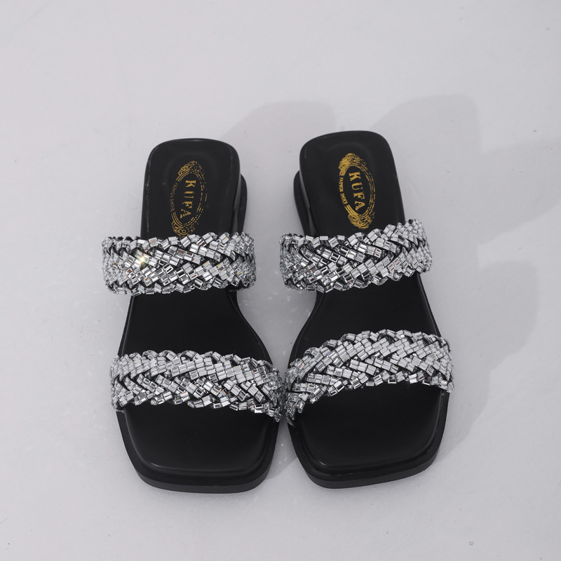 Ddmysports French Rhinestone One Strap Sandals For Women Summer New Fairy Style Dress Matching Low Heel Elegant Fashionable Slippers Outdoor Shoes