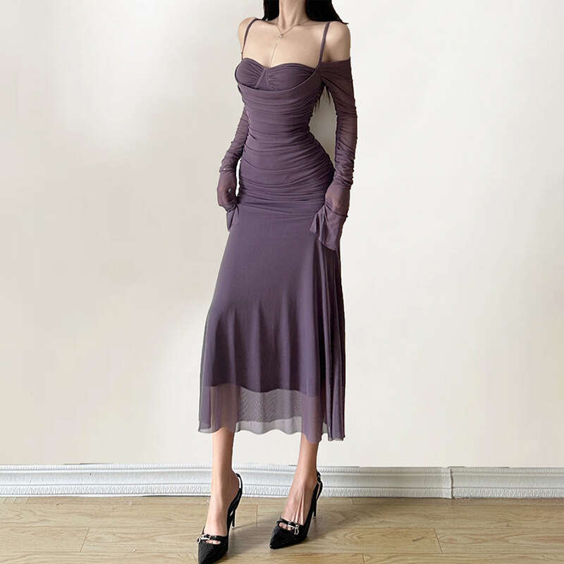 2023 Autumn Winter New Fashion Sexy Solid Color Sleeve Strap Long Dress eb3
