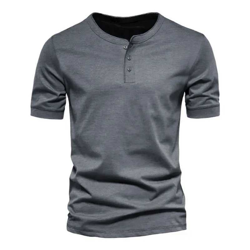 Summer Henley Collar T Shirt Men Casual Short Sleeve Solid Color Casual Mens Breathable Tops Tees Fashion Basic T-Shirt for Man Y250724