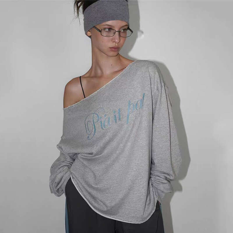 INS Style 2024 Autumn New Women's Solid Color Loose Street Fashion Asymmetrical Neck Long Sleeve Top 504