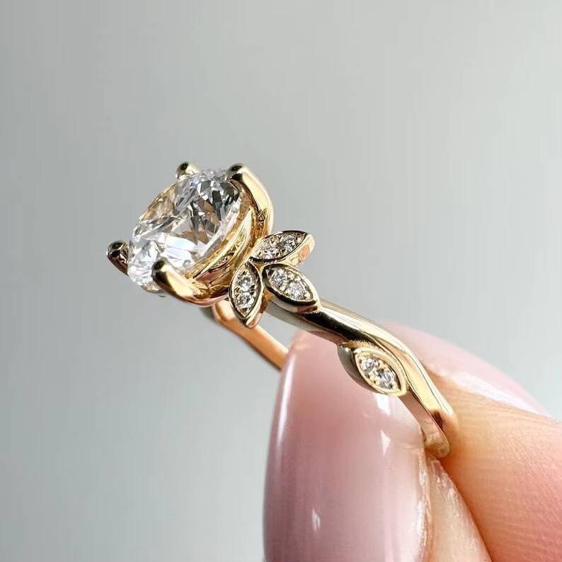 10K Yellow Gold Moissanite Engagement Rings 7.50MM Round Cut Moissanite Ring/ Round Cut Custom Anniversary Ring Gift for Her