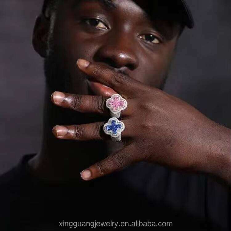 Fashion Four Leaf Clover Ring Sier pink Blue Green Moissanite Gold Plated Championship Jewelry Rings for Men Women