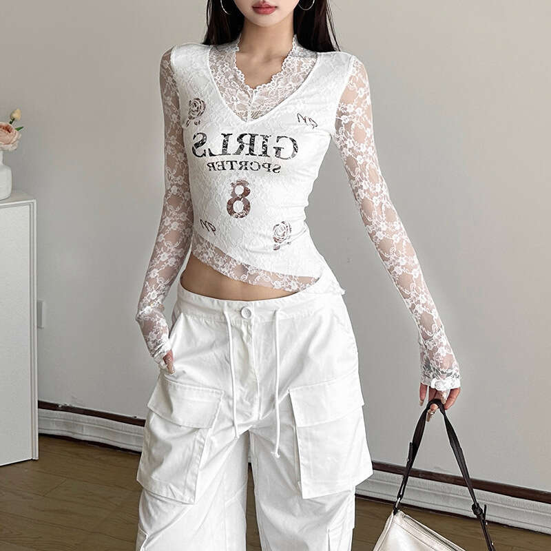 2024 Autumn New Women's Fashion Solid Color Slim Street Style V-Neck Long Sleeve Printed Top 55b