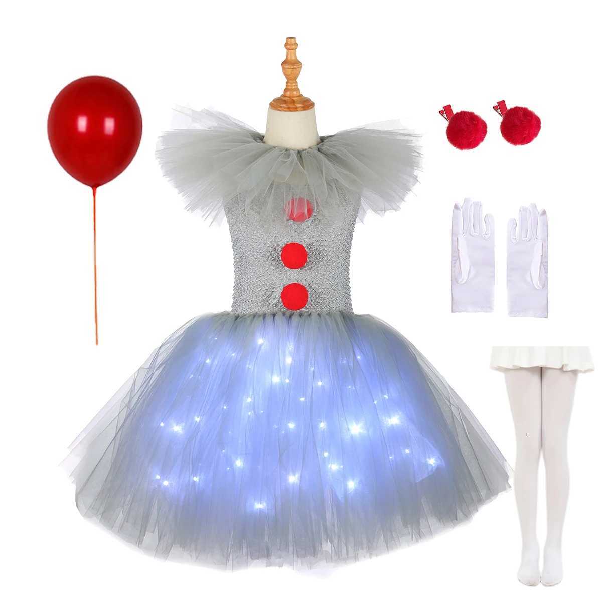 Gray Joker Girls Halloween LED Light Up Costume Tutu Dress Creepy Clown Kids Tulle Dress Carnival Par Cosplay Clothing 2-12Y Z250725