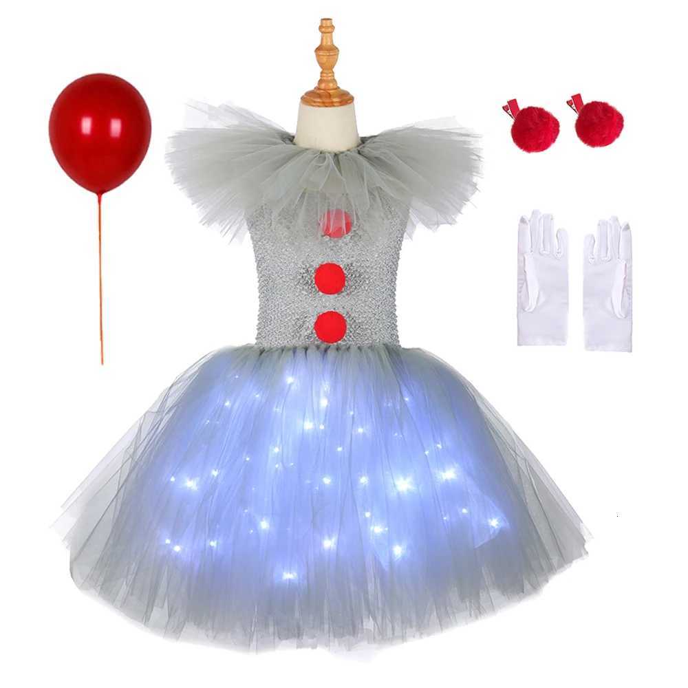 Gray Joker Girls Halloween LED Light Up Costume Tutu Dress Creepy Clown Kids Tulle Dress Carnival Par Cosplay Clothing 2-12Y Z250725