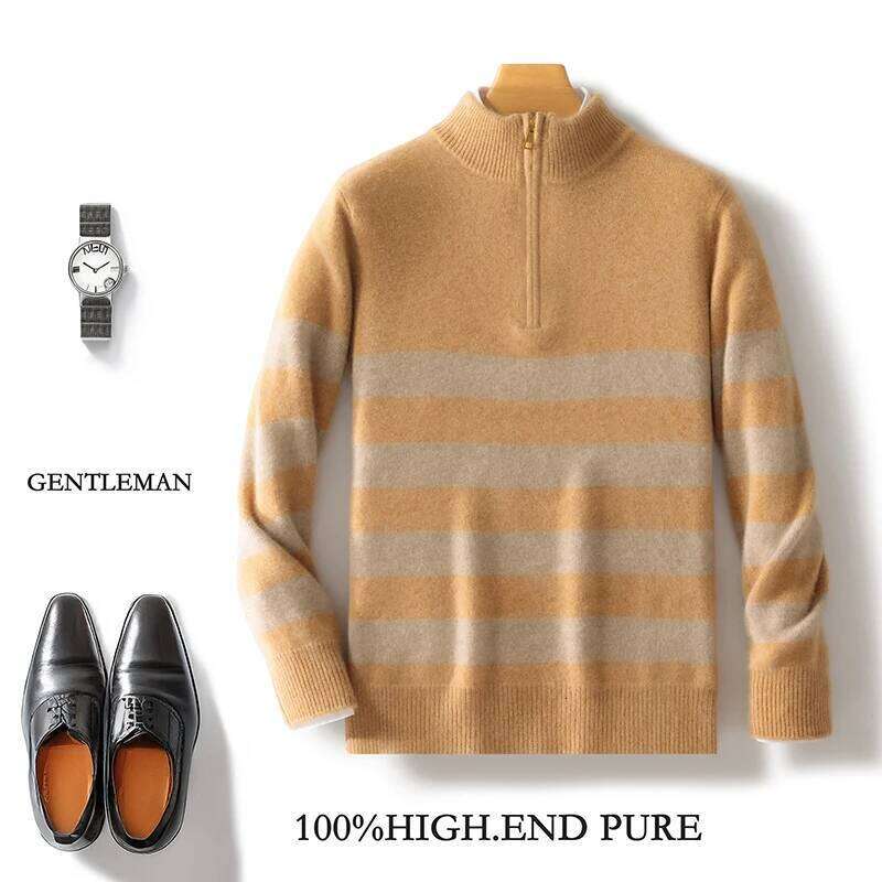 Men's 100% Merino Wool Sweater Half-High Collar Half Zip Thick Pullover Autumn Winter Cashmere Stripe Knitwear Long Sleeved Tops