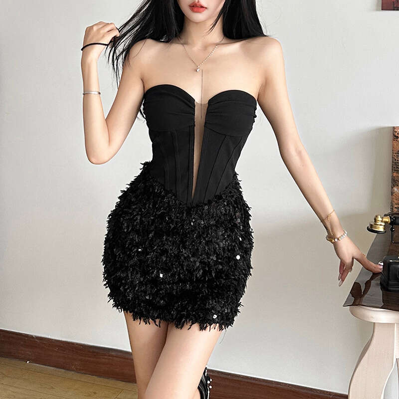 2024 Autumn Winter New Solid Color Sexy Strapless Vest High Waist Bodycon Skirt for Women d7d