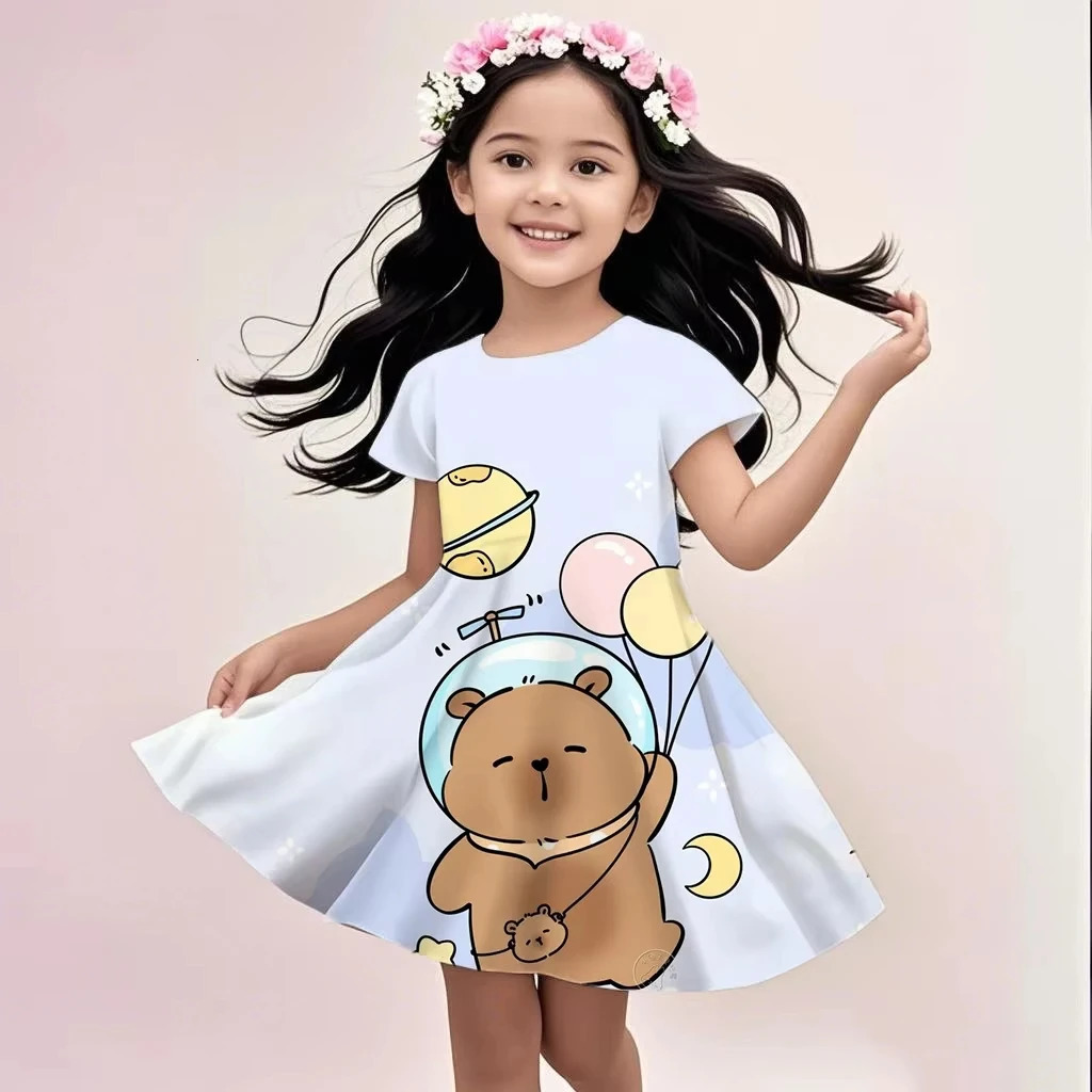 Cute Sunshine Capybaras Summer Round Neck Children Dress Girl Short Sleeve Doll Birthday Gift Princess Dress 250725