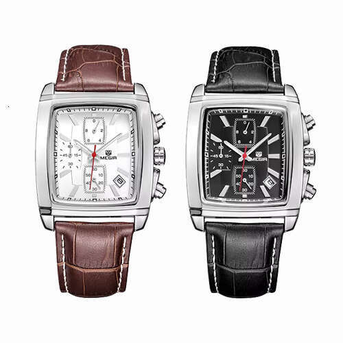 DHwatches MEGIR Men's Square Watch - Digital-Analog, Luminous, 30M Waterproof, Leather Strap, Business Chronograph