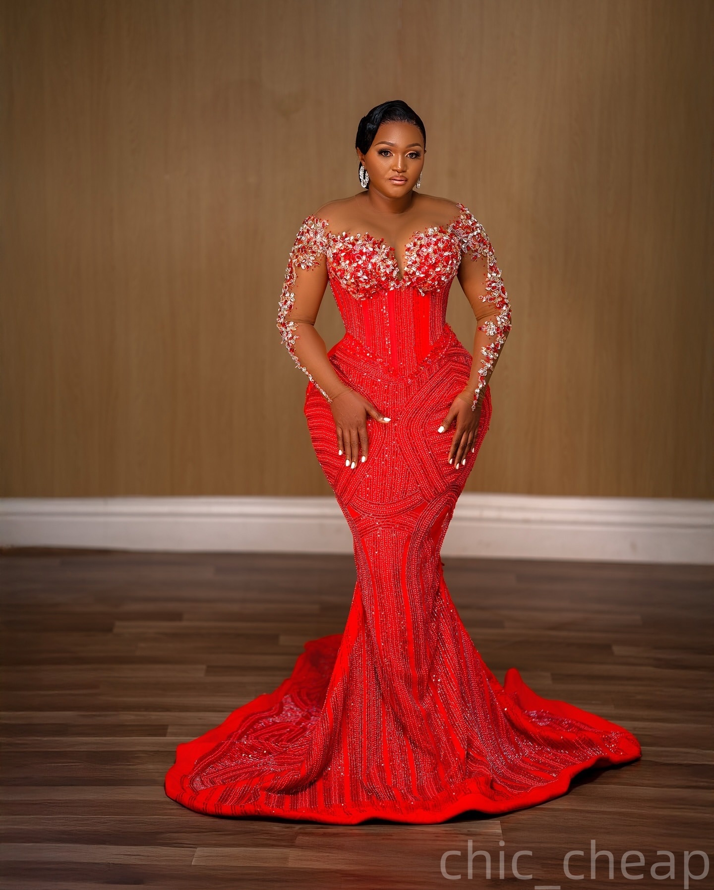 Mermaid Red Prom Dresses 2025 Lace Crystals Sequined Full Sleeves Evening Formal Party Second Birthday Engagement Gowns Plus Size Dress For Special Oc