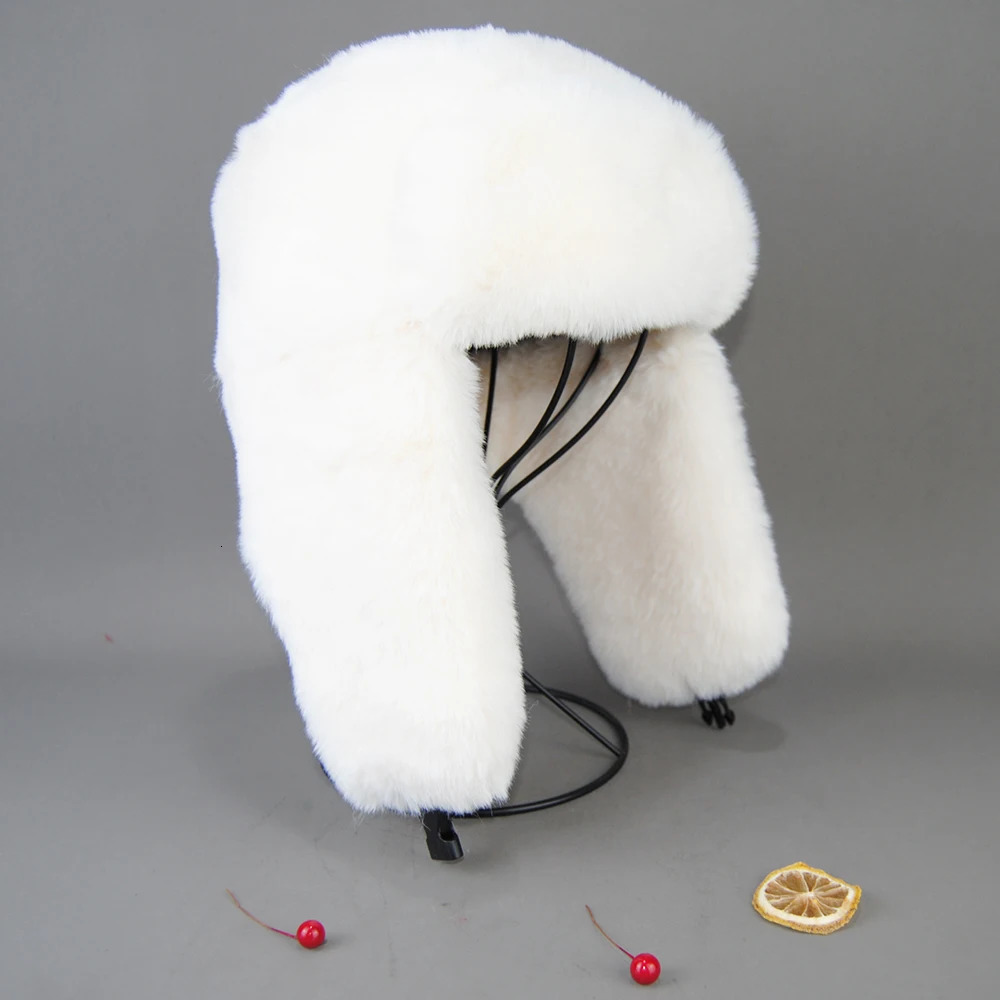 Winter Russian Man Woman White Skin Faux Rex Rabbit Fur Hats Faux Rex Rabbit Fur Cap Unisex Faux Fur Bomber Hat 250724