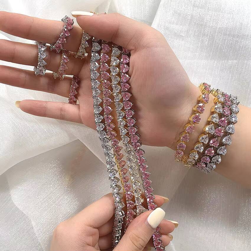 In Stock 5A Cubic Zirconia Iced Out Bling Heart Cz Tennis Chain Necklace for Women Men Valentines Day Gift Fashion Set Jewelry