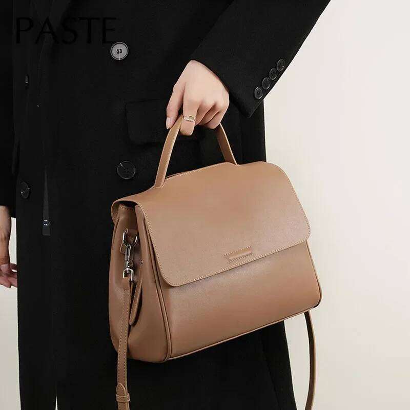 Fashion Large Camel Beige Solid Color Tote Second Layer Split Cow Leather Women's Handbag All-Match Daily-Use Shoulder Bag
