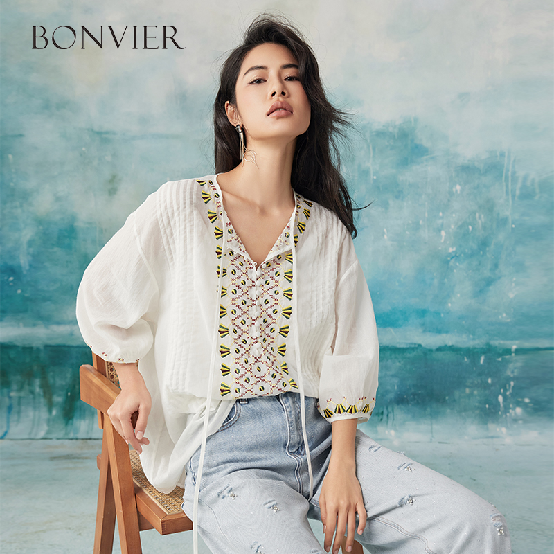 2025 Loose 3/4 sleeve lace blouses shirt women vintage cotton Button v neck causal boho blusa summer blouse femme top 6112512