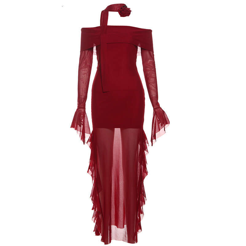 2024 Autumn New Women's Solid Color Slim Fit Fashion Off-Shoulder Long Sleeve Split Dress fbf