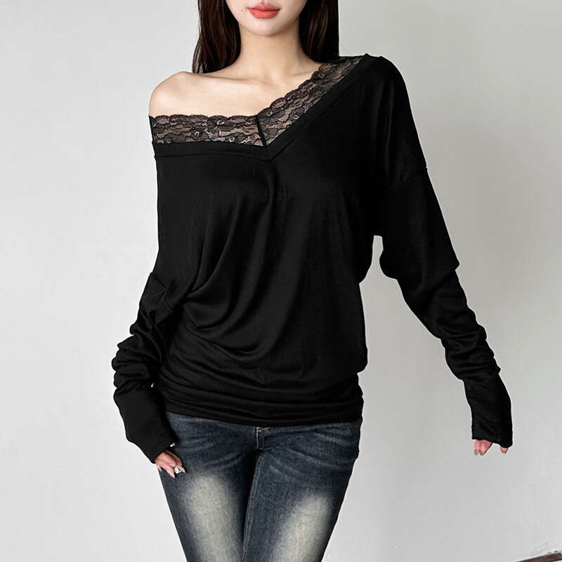 2024 Autumn New Women's Solid Color Street Fashion Asymmetrical Neck Long Sleeve Lace Patchwork Top 8b1