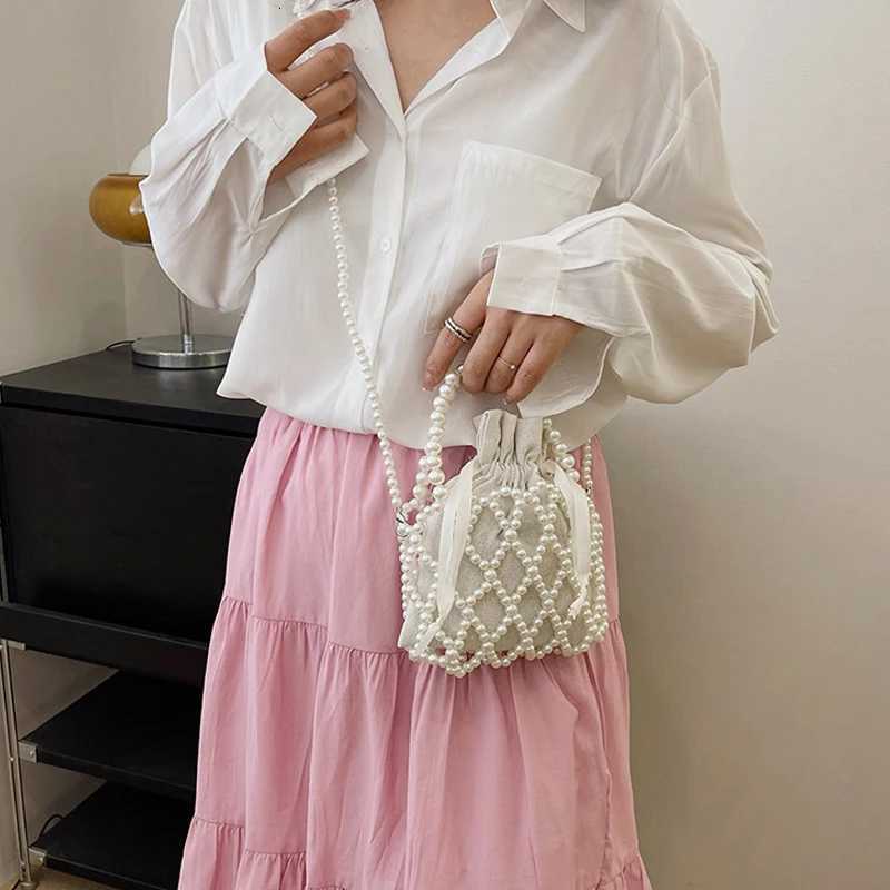 Luxury Pearl Wen Bucket Tote Bag Woven Pearl Crossbody Bags for Wen Small Wallet Handbag Casual Drawstring Fem Coin Purse Y250725