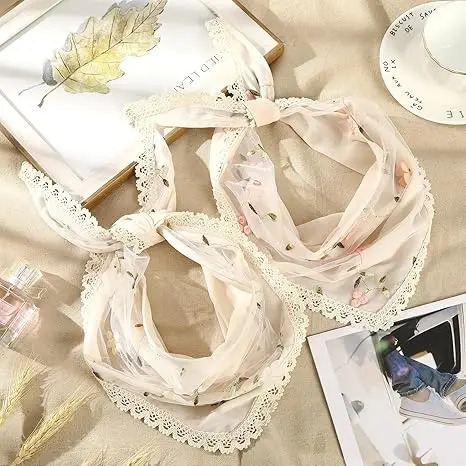 2-Pack Floral Mesh Hair Bandanas - Lightweight Triangle Head Scarves for Women - Boho Tie-Back Kerchiefs 250723