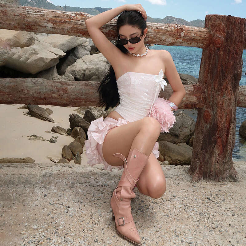 2025 Summer New Sexy Slim Fit Sleeveless Backless Tube Top Versatile Vest Lace Short Skirt 71a