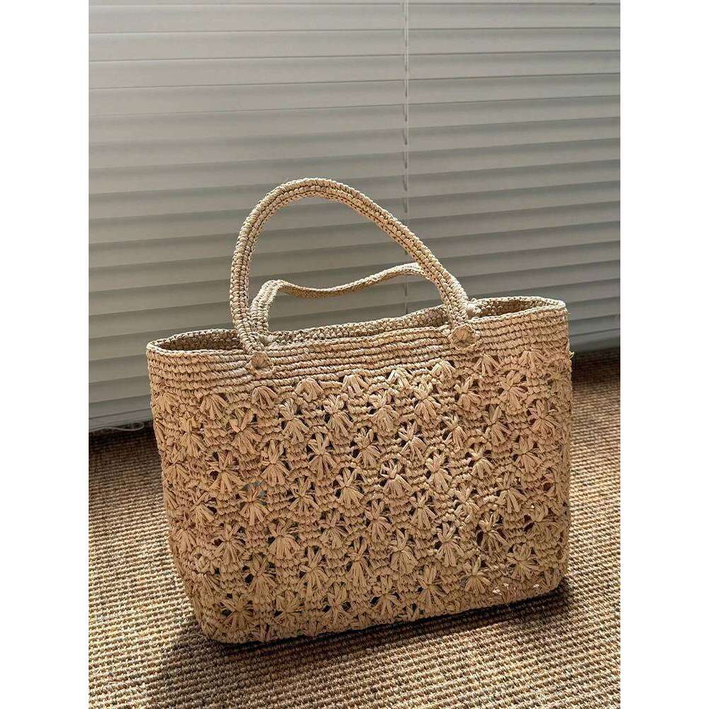 Style Bohemian Lafite Handwoven Straw Single Shoulder Holiday Beach Vacation Tote Women's Artistic Floral Hook Bag