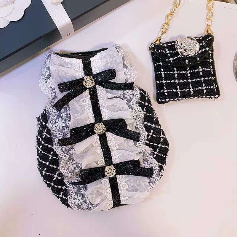 Little Chanel Style Rose Autumn Winter Black and White Plaid Bag Cat Dog Pet Clothes
