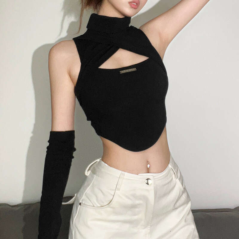 2022 Autumn New Women's Solid Color Sexy High Neck Sleeveless Hollow Out Crop Top Vest 931
